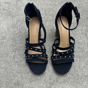 LC Lauren Conrad Torte Strappy Sandals Womens 7.5 Black Block Heels Almond Toe